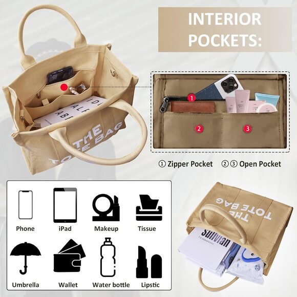 Women Khaki Personalized Canvas with Zipper Top-Handle Crossbody Tote Handbag - Picture 4 of 6